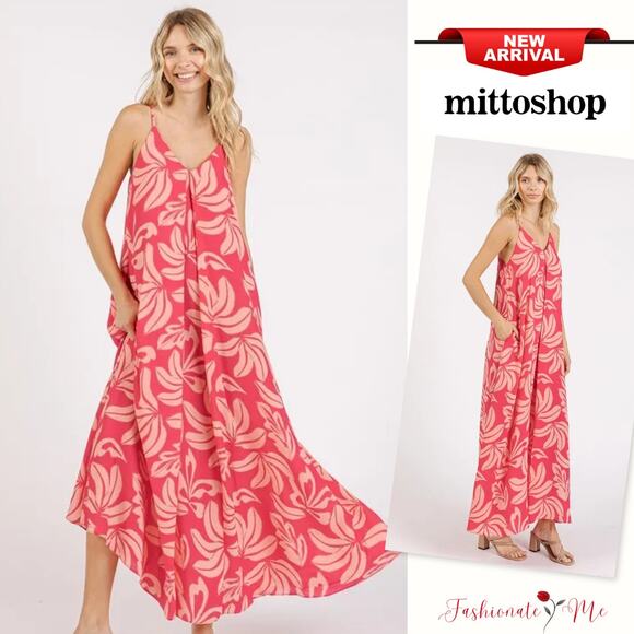 Mittoshop Printed V-Neck Side Pockets Relaxed Fit Maxi Cami Dress | Strawberry - Picture 1 of 5